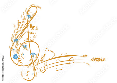 Botanical seamless design of musical treble clef from ears of wheat with cornflowers. Hand drawn vector illustration.
