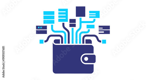 Complex digital circuit emerging from a sleek dark blue wallet, symbolizing financial technology and data security, viewed from directly above with various electronic components
