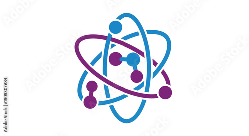 An abstract representation of atomic structure featuring orbiting particles and nucleus in a stylized illustration format viewed from a straightforward perspective