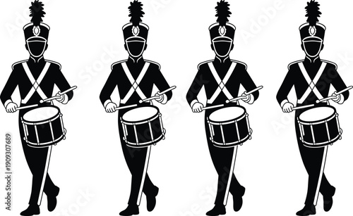 Marching band drummers silhouettes illustration, musicians in uniform with plume hats, synchronized snare drum performance, parade music ensemble, ceremonial stage concept