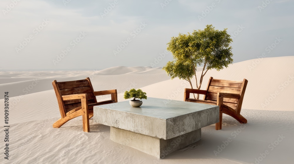 © Nataliia_Trushchenko - Eroding concrete coffee table with two wooden chairs set in a vast desert landscape featuring minimalistic design and a small bonsai tree growing from the sand