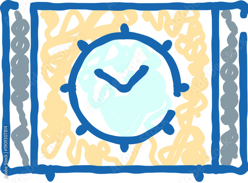 Alarm clock icon with circular face and two hands pointing down, blue outline over light blue and yellow scribble background, simple hand drawn doodle for time or reminder