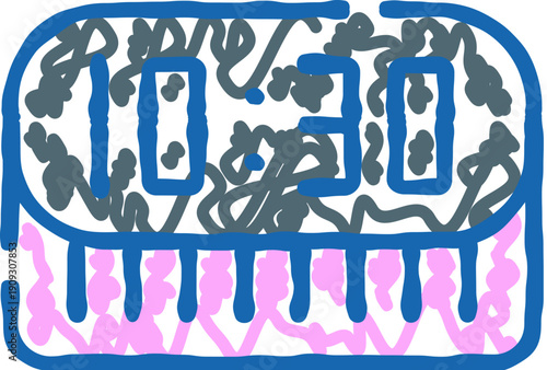 Digital alarm clock displaying the time 10,30, featuring a hand drawn doodle style and abstract line patterns representing electronics and timekeeping
