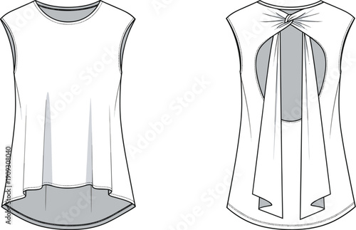 Fashion Forward Technical Flat Sketch: Sleeveless Tunic Top with Open Back and Drape Detail for Design and Style Inspiration, Ready for Production