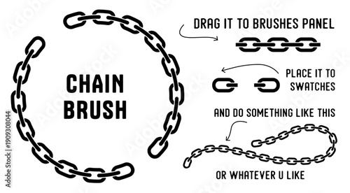 Steel vector chain brush for graphic design, featuring instructions on dragging it into the brushes panel and applying it to swatches for creative projects.