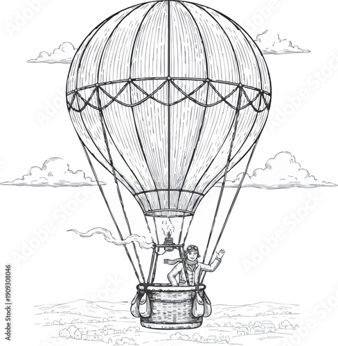Vintage hot air balloon soaring above stylized clouds vector illustration