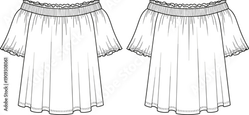 Fashionable Off-Shoulder Blouse Technical Drawing for Textile Design: Conceptual Garment Illustration with Ruffled Neckline and Sleeves for Spring/Summer Fashion Collection