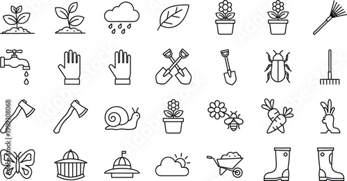 Gardening Outline Icons Set, Including Plant, Seedling, Flower, Rain, Leaf, Tools, Boots, Insect, Snail, and Horticulture Vector Stock Illustration