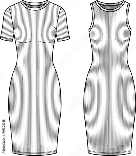 Fashionable Knit Dresses: Technical Drawings for Designers and Manufacturers, Demonstrating Bodycon Fit and Ribbed Texture for Apparel Creation, Pattern Making, and Style Guides