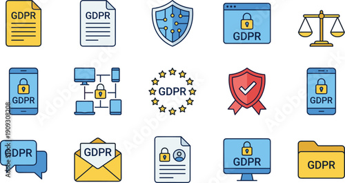 GDPR General Data Protection Regulation Concept Icon Set: Legal Compliance, Data Security, Privacy Policy, Digital Shield, European Union Law, Mobile Desktop Protection