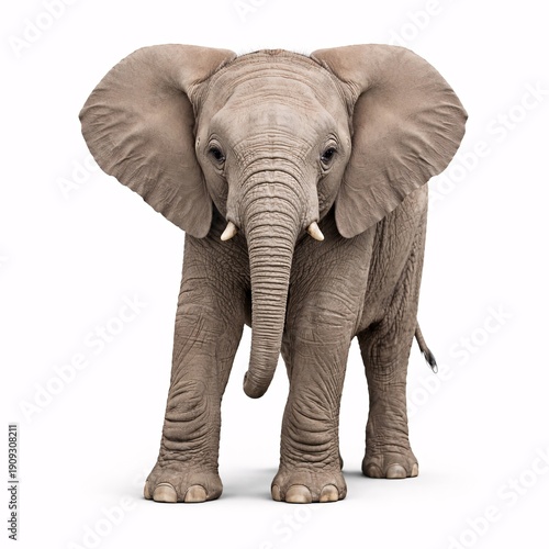Young Elephant Isolated on White Background, Front View