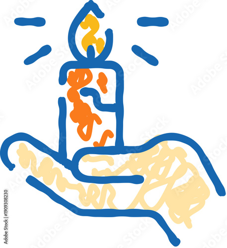 Hand holding a glowing lit candle symbolizing faith, hope, prayer and spiritual comfort, offering warmth, guidance, remembrance and peaceful meditation in soft light