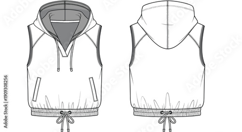 Fashionable Sleeveless Hoodie Vest Technical Drawing: Front and Back Views for Apparel Design, Casual Wear, Sportswear, and Street Style Inspiration