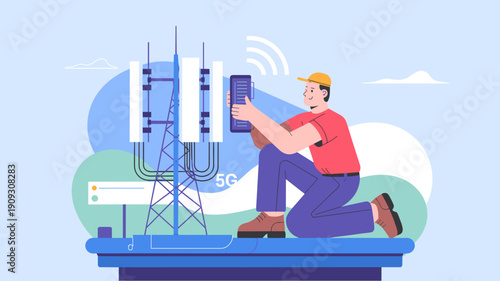 Telecommunications technician installing 5G antenna equipment and testing wireless signal with tablet device, Concept of 5G installation, connectivity and telecom engineering