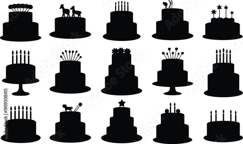 Cake silhouette icon collection, decorated cakes, birthday celebration, vector graphic, dessert symbols, black, isolated, design elements