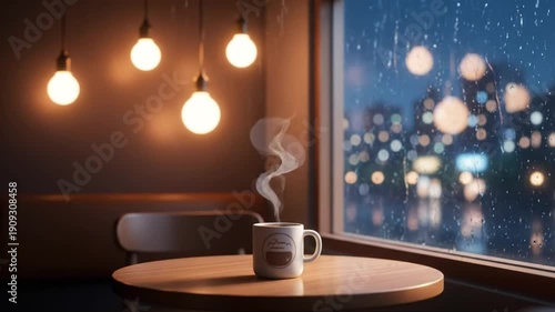 Anime Scenery, dCozy Coffee Night, Animated Virtual Background of City Lights, Warm Table, Steaming Mug, Urban View