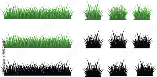 Green grass border collection, realistic spring turf tufts, black silhouette lawn elements, isolated nature foliage graphic set, summer field growth vector illustration, gardening design assets.