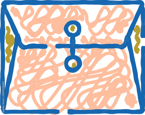 Hand drawn messy envelope with string and button closure holding a document, symbolizing communication, correspondence, and security in a whimsical design