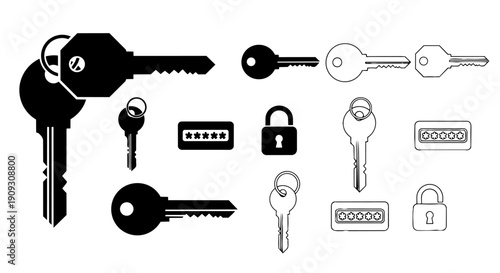 Key and lock icon set – security access password protection icons collection