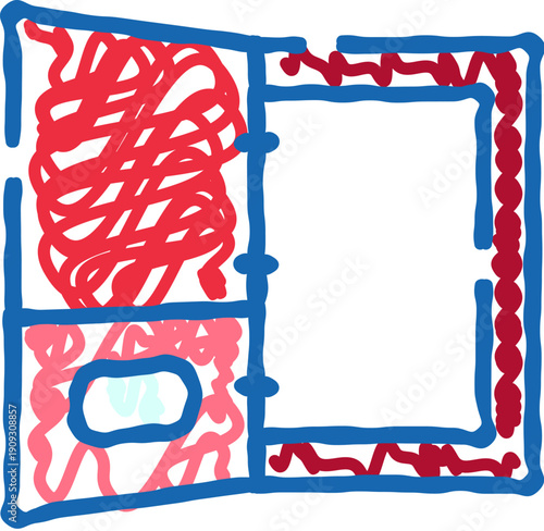 Abstract artwork depicting an open sketchbook or diary with energetic red scribbles filling one page and blank space on the other, outlined in deep blue, creating a vibrant doodle like impression