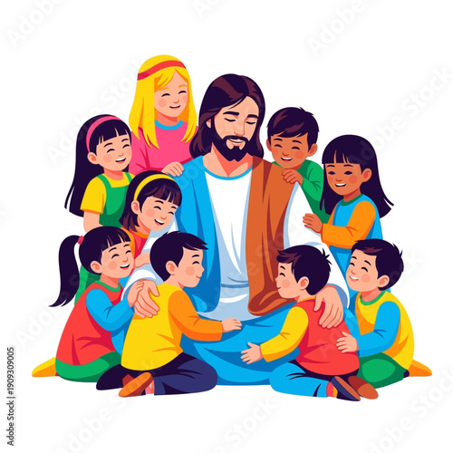 Jesus surrounded by happy children in a heartwarming moment
