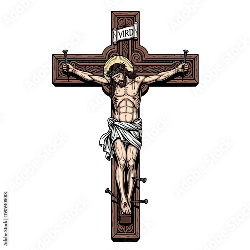 Jesus Christ crucifixion on wooden cross with crown of thorns