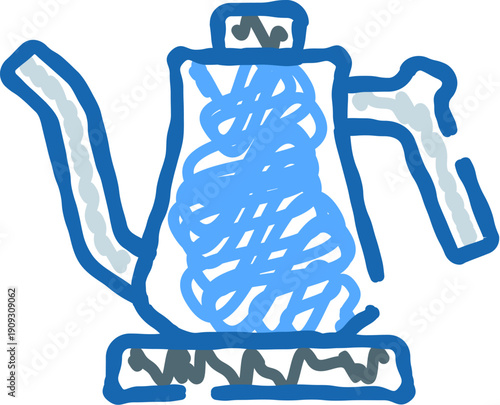 Hand drawn kettle icon with blue liquid, line art sketch representing boiling water for tea or coffee, kitchen appliance symbol for home brewing and daily morning routine