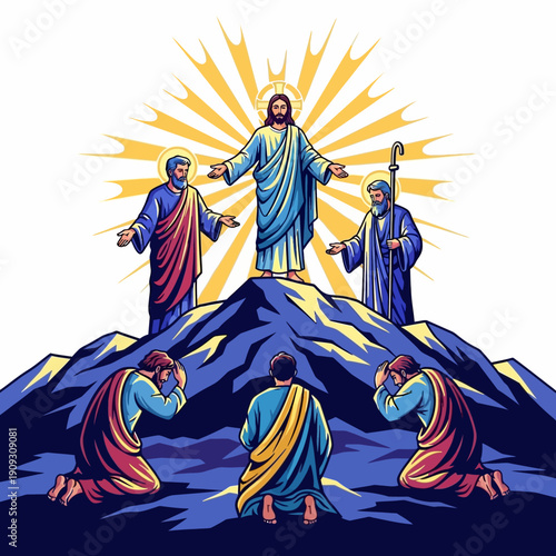 Jesus Christ standing on mountain with disciples in spiritual moment