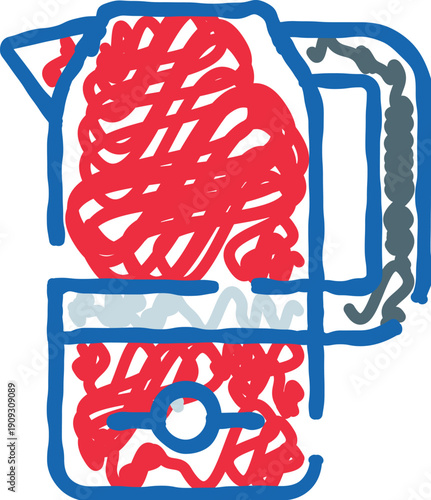 Abstract simple drawing representing an electric kettle with a red scribble inside, symbolizing intense heat or boiling water, highlighting kitchen appliances and domestic life