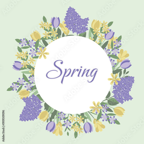 Spring Floral Wreath with Lilac and Tulips – Elegant Botanical Frame with Round Copy Space, Pastel Garden Illustration. Floral background for Mother's Day, 8 March