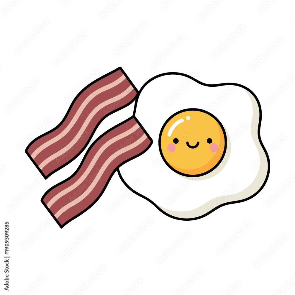 Obraz premium Adorable kawaii style fried egg with a smiling face and blushing cheeks next to two strips of bacon, cute food character illustration.