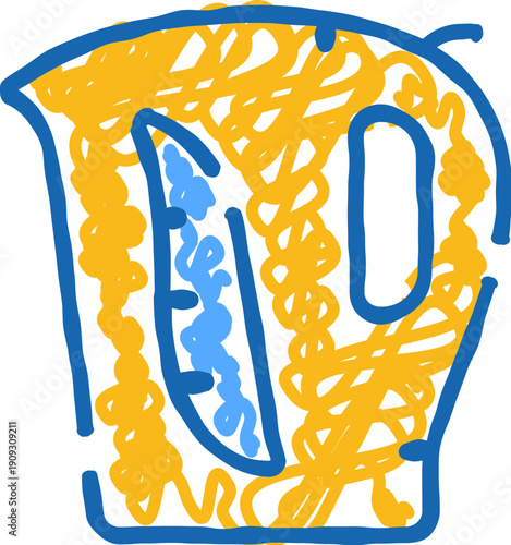 Bright doodle of an electric kettle in yellow and blue on white background, simple hand drawn icon for boiling water, tea or coffee, home kitchen appliance, modern convenience