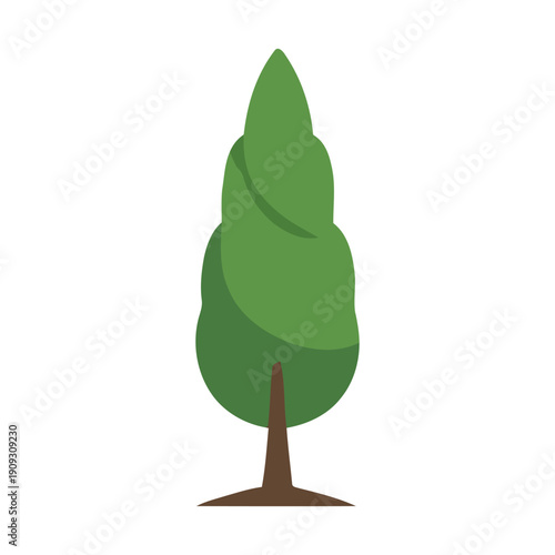Modern flat vector illustration of a green cypress or topiary tree with a spiral-shaped canopy. Clean minimalist design.