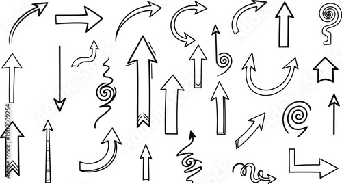 Hand Drawn Arrows Outline Icons Set, Including Directional Sign, Curving Pointer, Doodle Scribble, Up Down Left Right Symbol, and Sketch Line Vector Stock Illustration