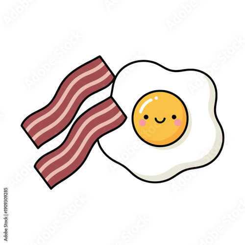 Adorable kawaii style fried egg with a smiling face and blushing cheeks next to two strips of bacon, cute food character illustration.