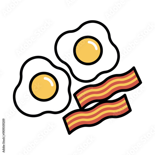 Colorful vector illustration of two sunny-side up fried eggs with two strips of crispy bacon, classic breakfast food design.