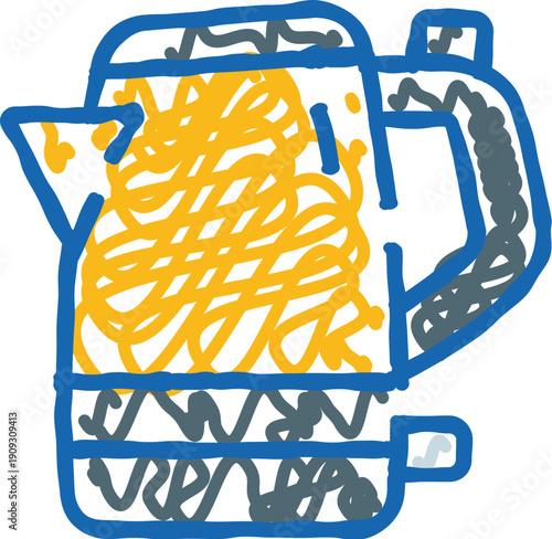 Electric kettle doodle with scribbled steam and water lines, stylized icon in blue, yellow and gray on white, suggesting quick boiling for tea or coffee at home