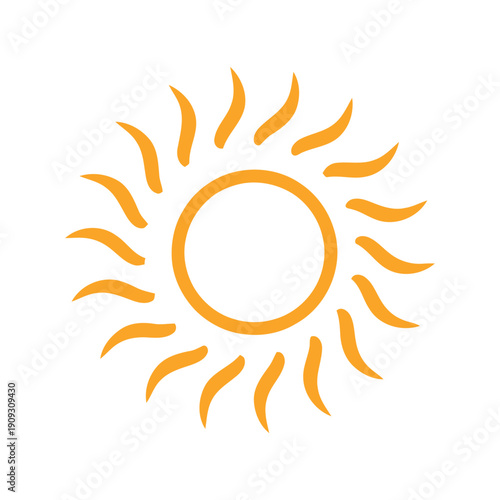 Yellow sun icon with wavy, flame-like rays. Vibrant solar symbol representing intense heat, summer energy, and bright sunshine.