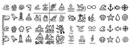 Nautical and marine themed black icons collection