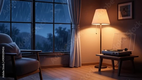 Anime Scenery, Cozy Rainy Night Interior with Warm Lamp Glow, Animated Virtual Background, Anime Scenery, Window, Chair, Record Player, Table, Hardwood, Curtain
