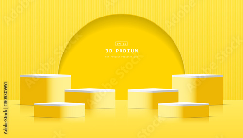 Empty clean studio room with six realistic white yellow 3d cube podium pedestal with vertical wall and round circle window background. Minimal scene for cosmetic mockup. 3d vector geometric platform.