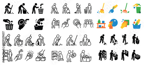 Cleaning icon set featuring various tools and activities