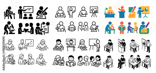 Diverse educational icons collection in various styles