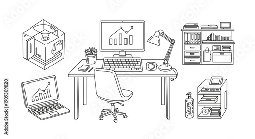 Modern Office Desk Setup with Computer, Laptop, Chair, and Storage