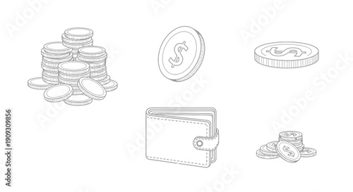 Money Icons: Stacked Coins, Wallet, and Single Dollar Coins - Business and Finance Concept