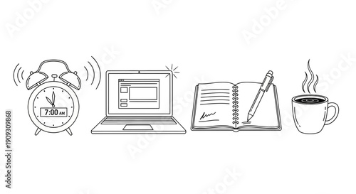 Morning Routine: Alarm Clock, Laptop, Notebook, Pen, and Coffee - Work From Home Concept