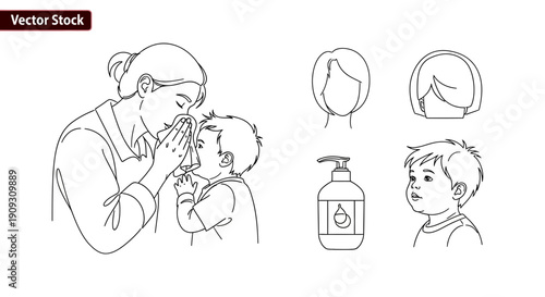 Mother Wipes Child's Nose with Tissue, Hygiene Concept, Hand Sanitizer, Hair Styles