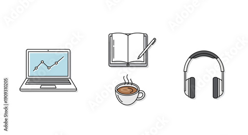 Laptop with graph, open book with pen, and headphones with coffee cup icons on white background