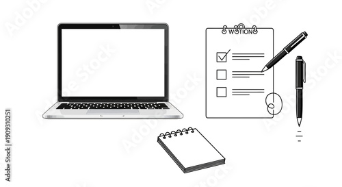 Laptop, Checklist, and Pens: Business Planning and Productivity Concept