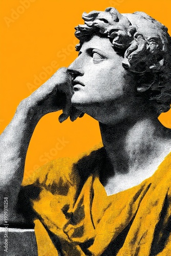 Pop art inspired classical marble statue portrait with vibrant yellow background and graphic halftone texture Generative AI
